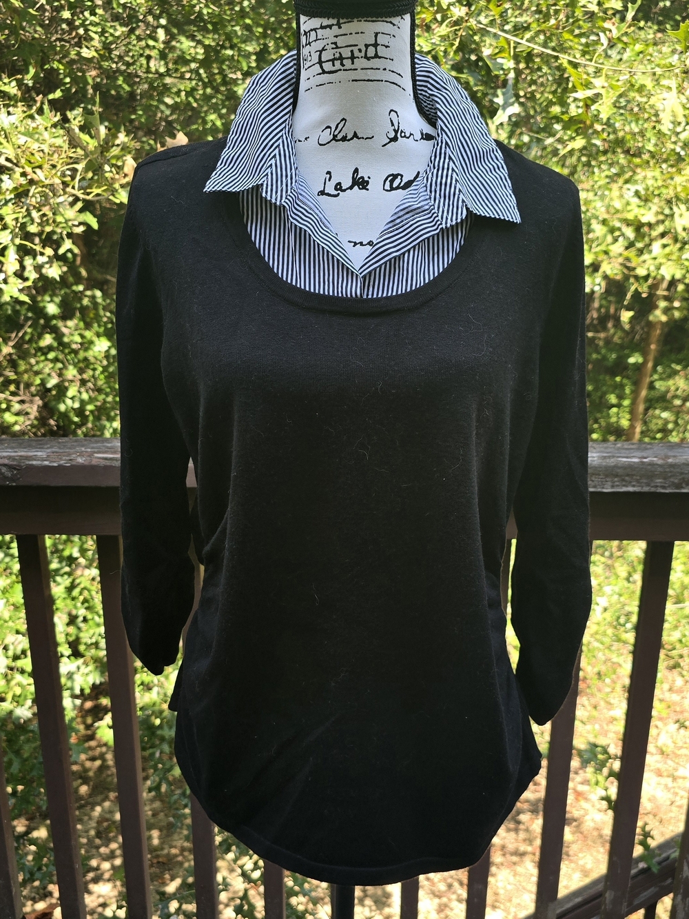 Studio Works Black Layered-Look Pullover with Striped Collar